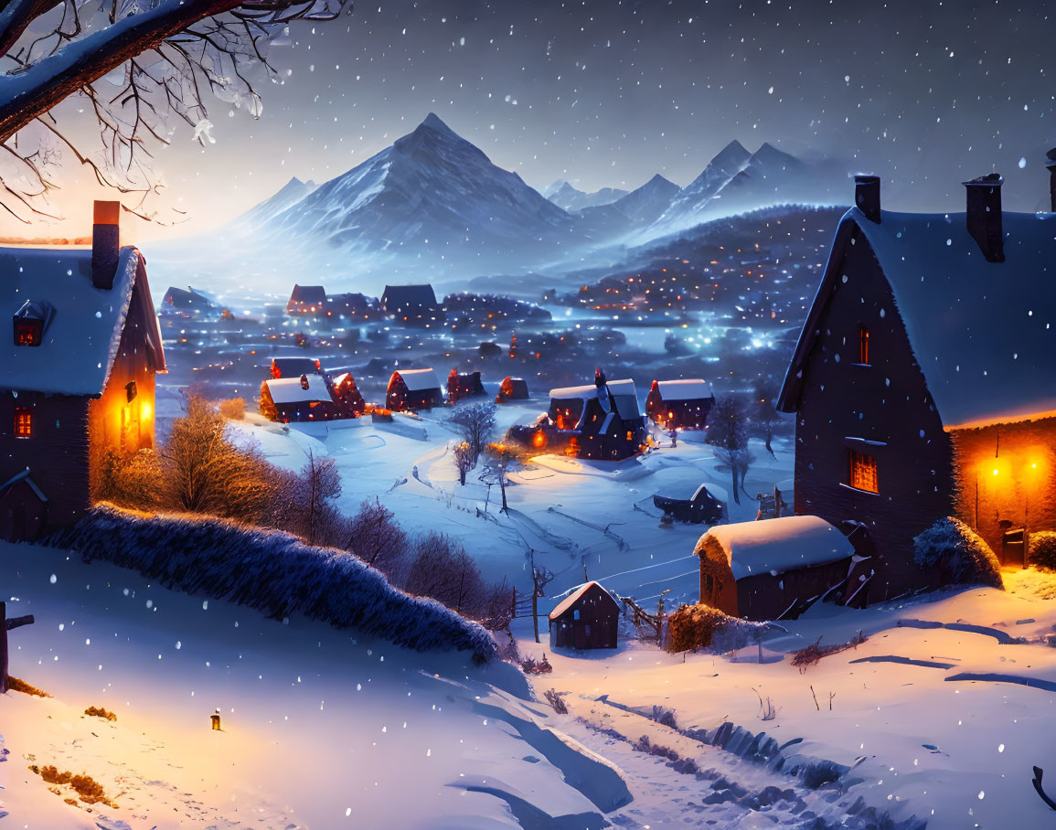 Snow-covered houses under serene winter night sky