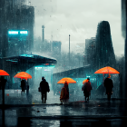 Group of people with red umbrellas in dystopian cityscape