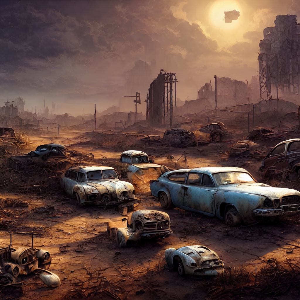 Desolate post-apocalyptic landscape with rusting cars and derelict buildings at dusk