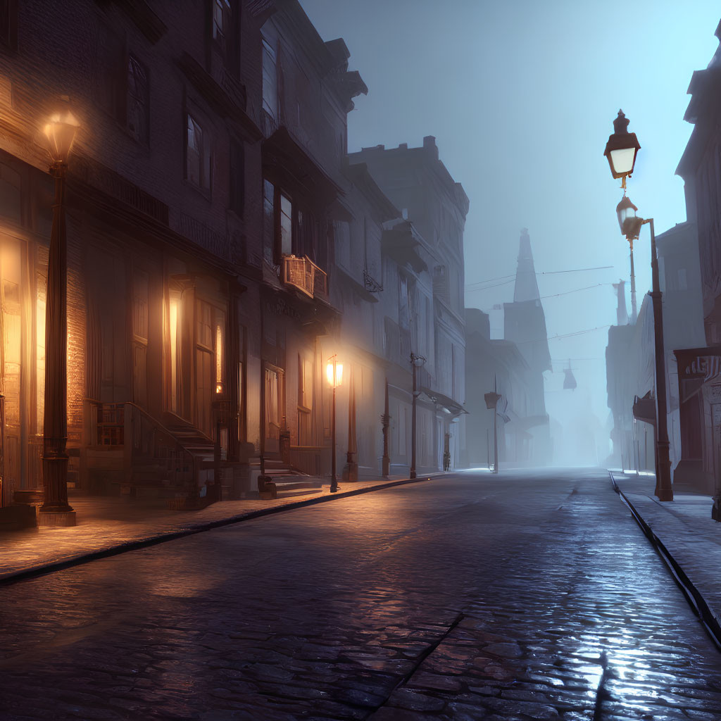 Vintage street lamps illuminate foggy dusk street scene