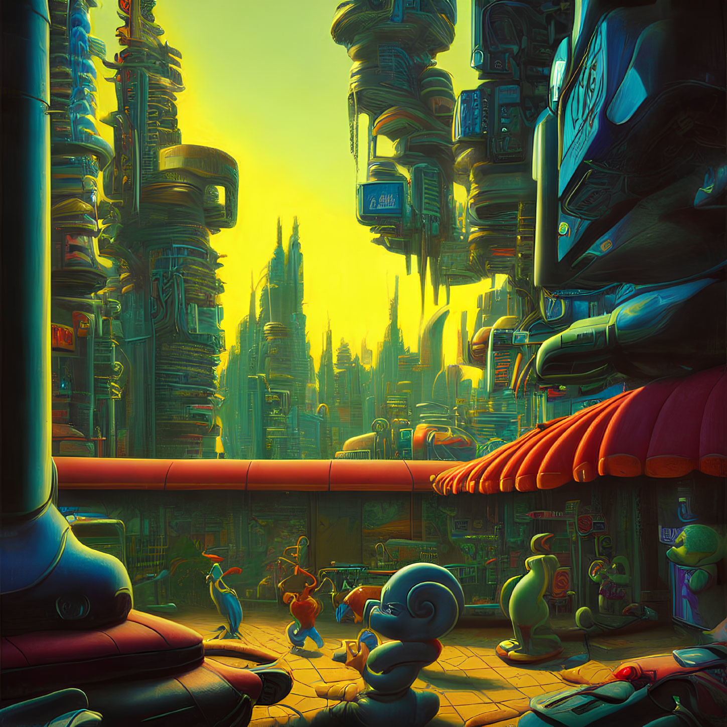 Vibrant futuristic cityscape with skyscrapers, flying vehicles, and animated alien characters at sunset