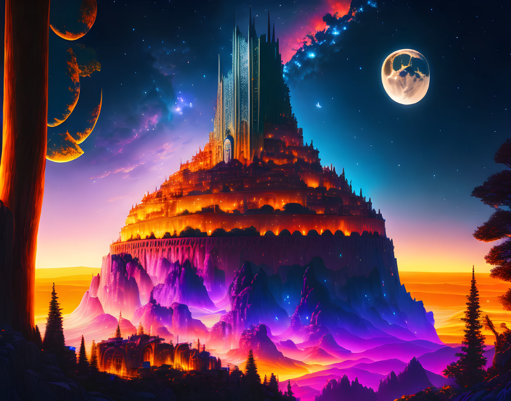 Majestic fantasy castle on cliff under starry sky with multiple moons, vibrant aurora colors,