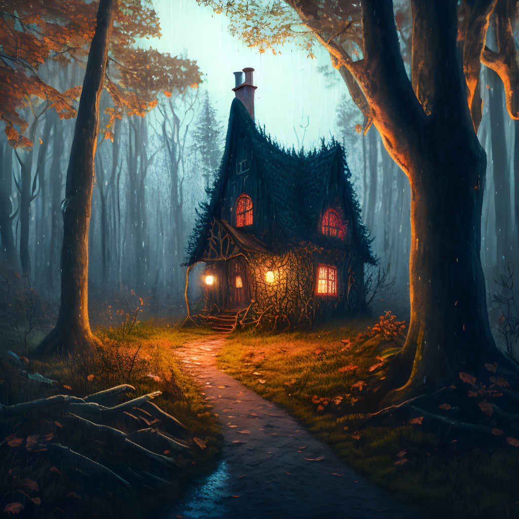 Enchanted forest scene with quaint house and glowing windows