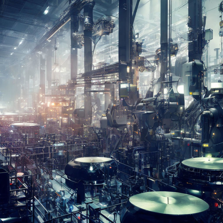 Futuristic industrial interior with advanced machinery and blue lights