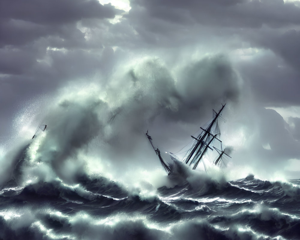 Stormy Sea Engulfs Old Sailing Ship in Dramatic Scene