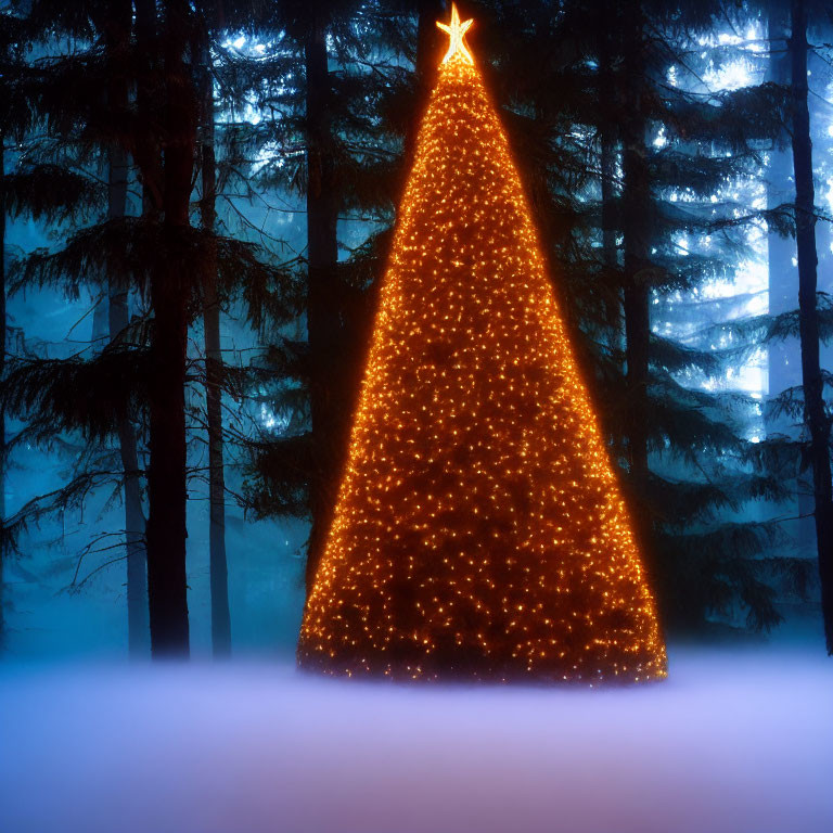 Illuminated Christmas tree with star in snowy forest at twilight