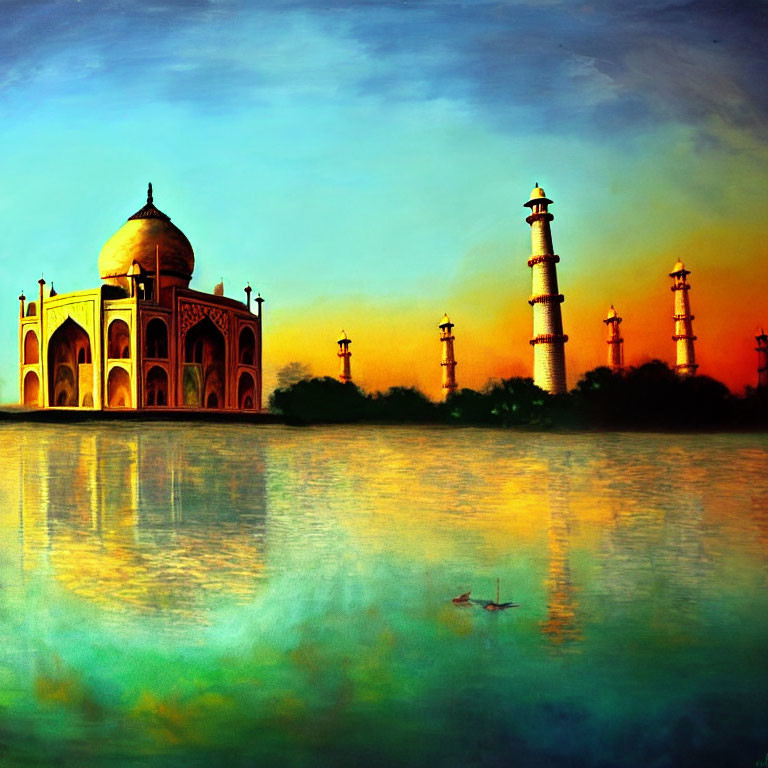 Vibrant painting of Taj Mahal at sunset with water reflection and paddling person