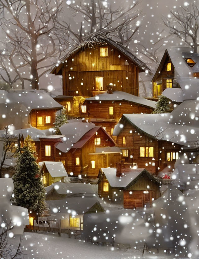 Snow-covered trees and cozy wooden cabins in twilight snowfall