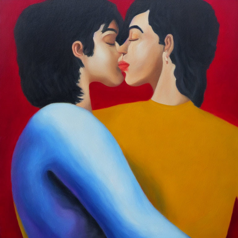 Romantic Kiss Painting: Yellow and Blue Figures on Red Background