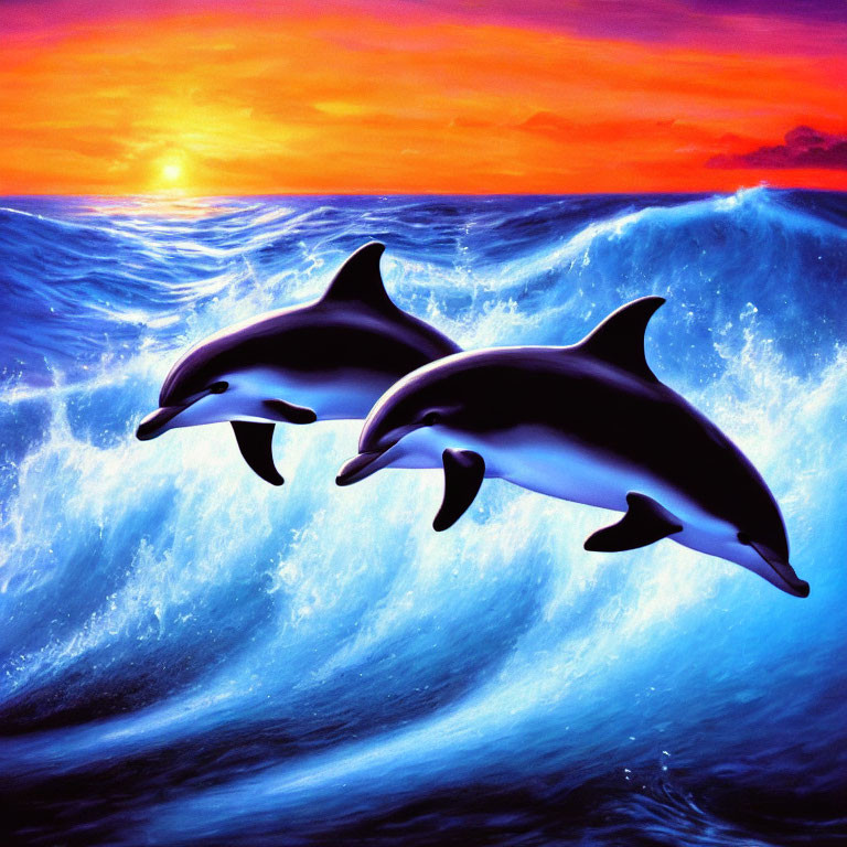 Dolphins leaping from ocean waves at sunset