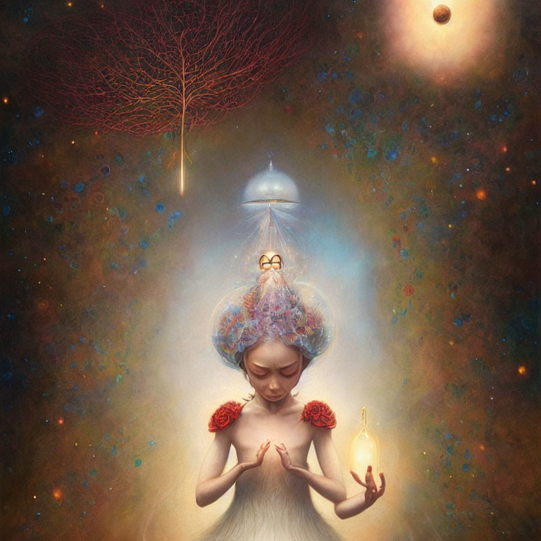 Surreal artwork of woman with jellyfish headdress in cosmic setting