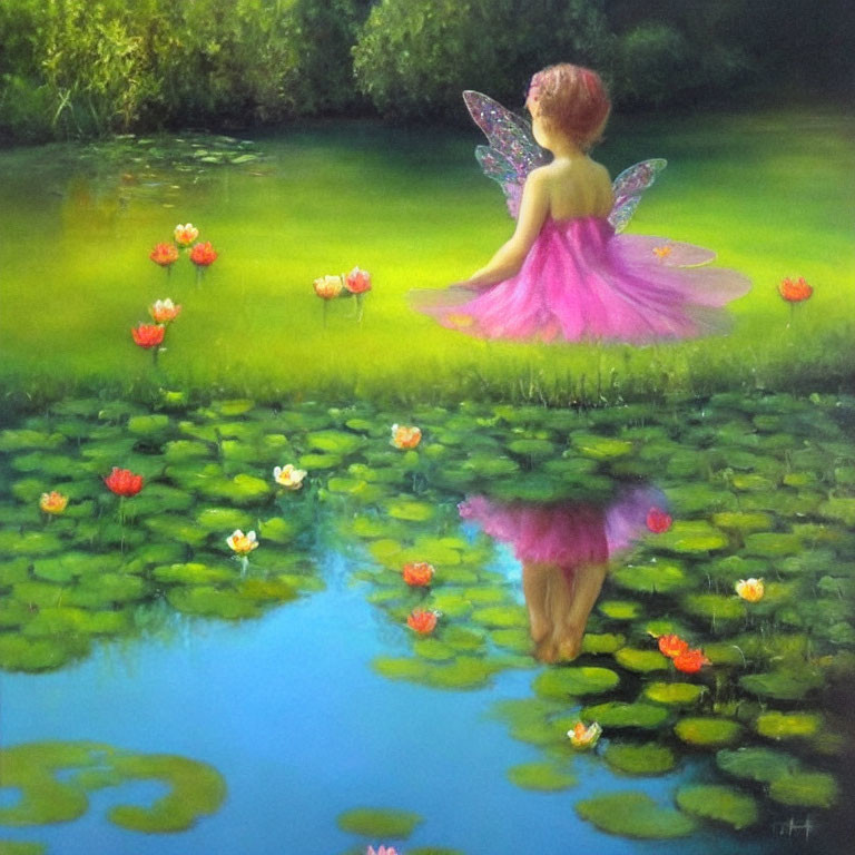 Iridescent fairy painting by pond with blooming flowers