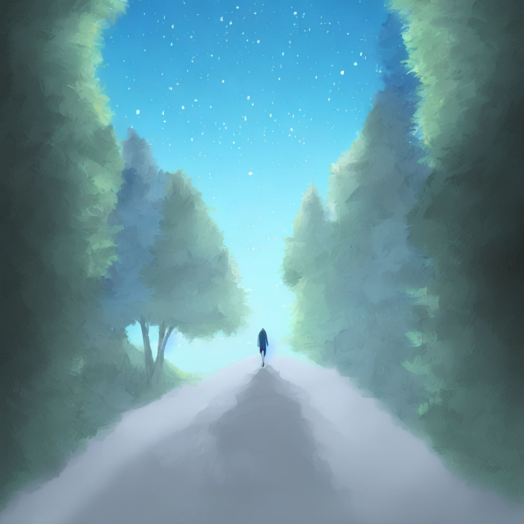 Solitary figure walking in misty forest under starry sky