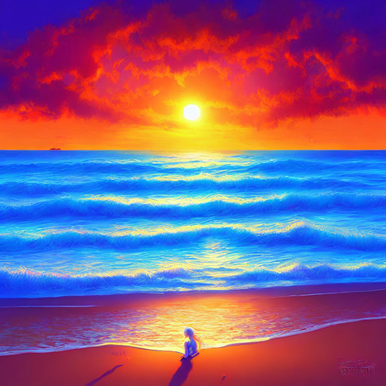 Scenic beach sunset with red clouds, child by shore, golden sun on blue waves