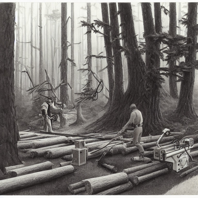 Two individuals using chainsaws in foggy forest cutting logs