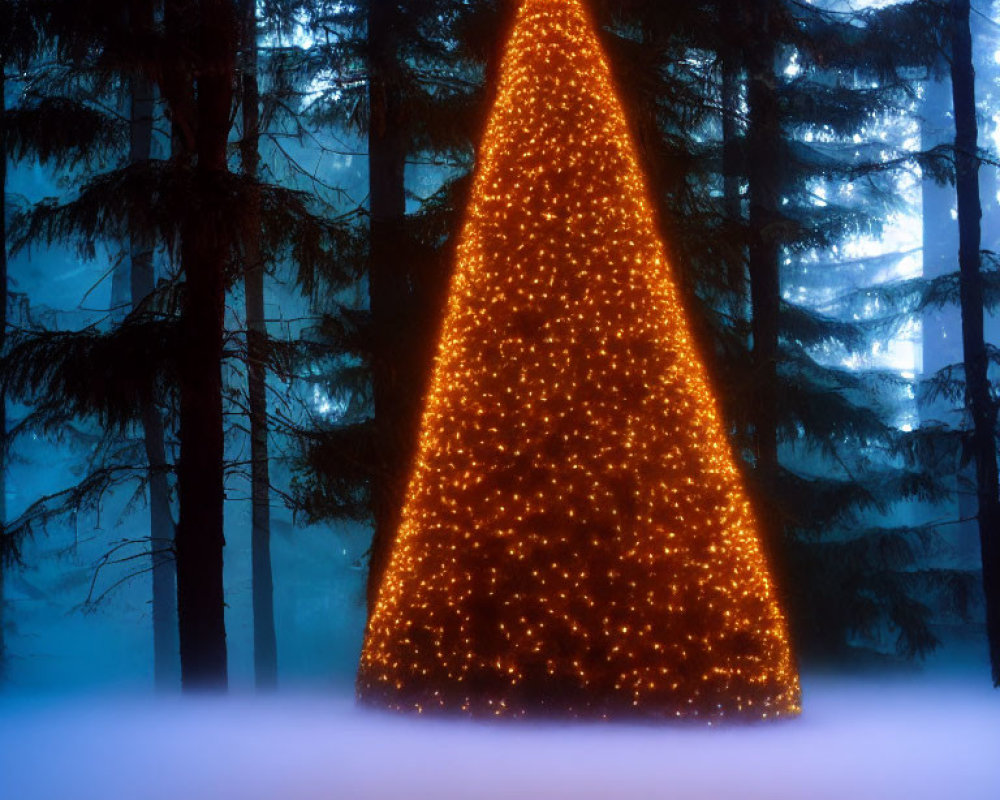 Illuminated Christmas tree with star in snowy forest at twilight