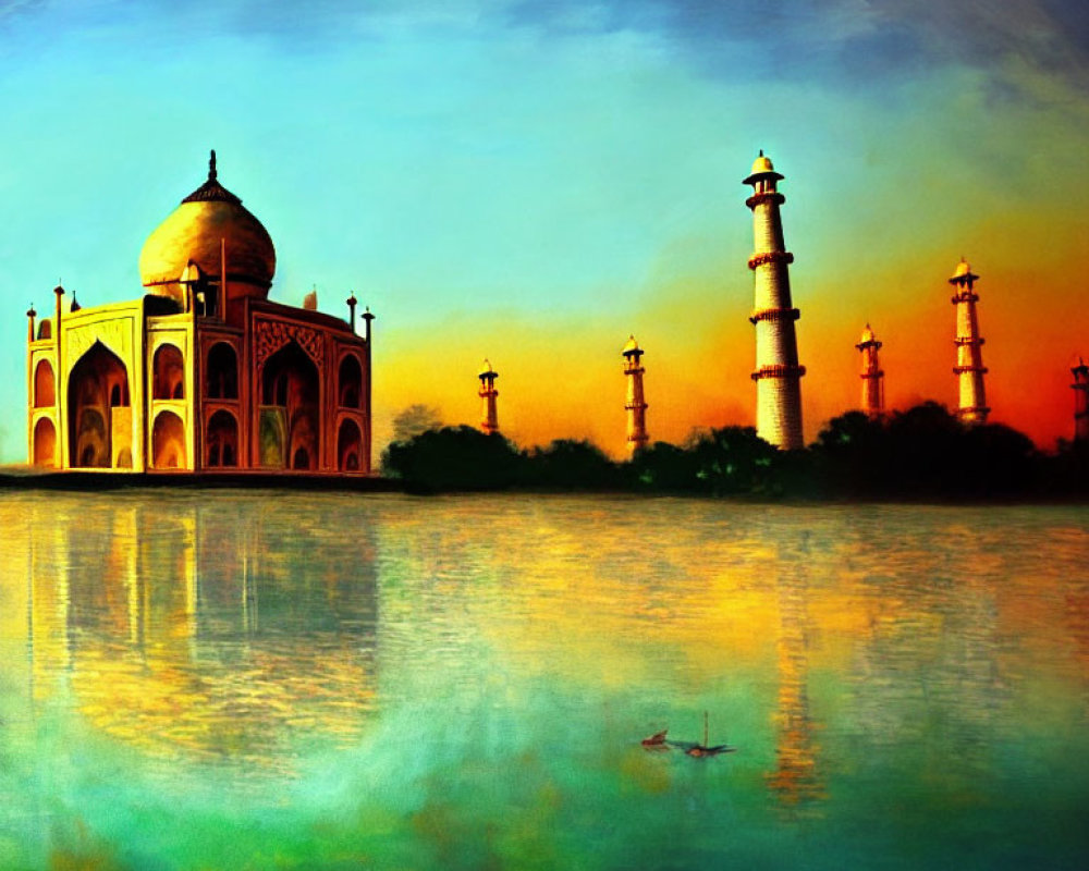 Vibrant painting of Taj Mahal at sunset with water reflection and paddling person