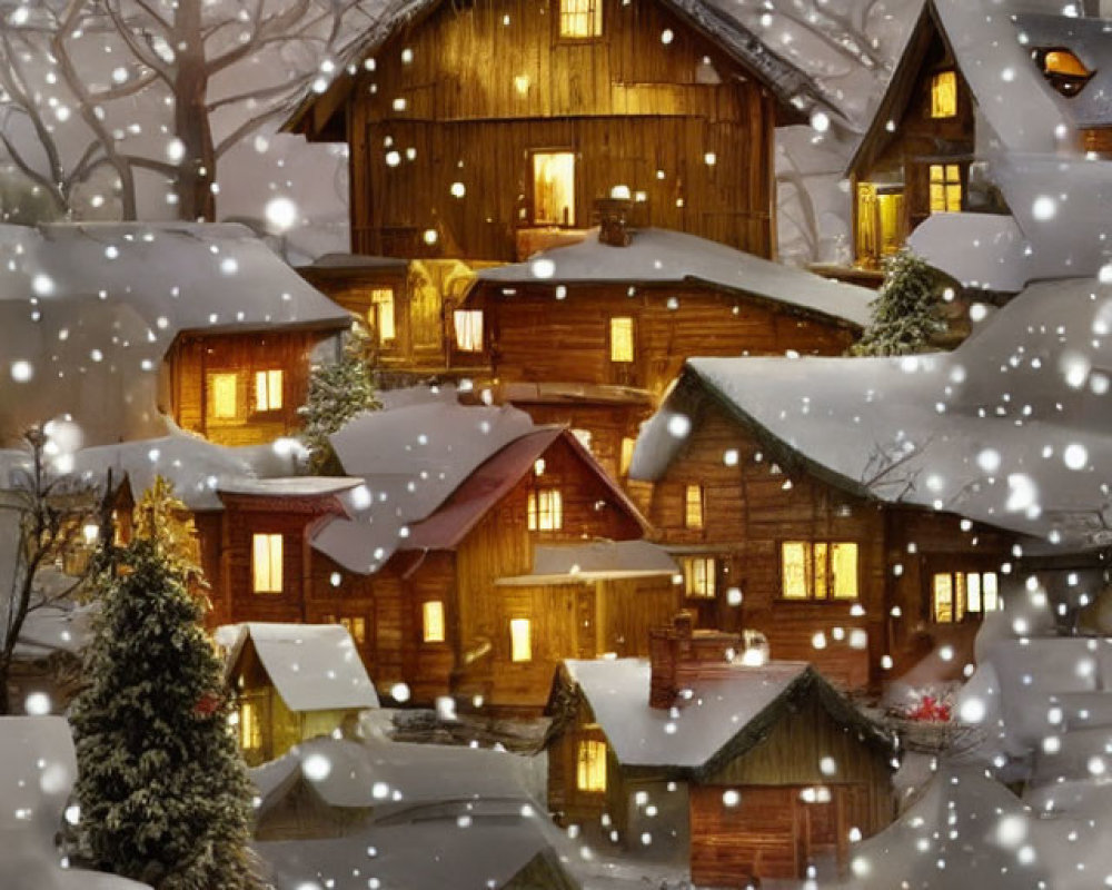 Snow-covered trees and cozy wooden cabins in twilight snowfall