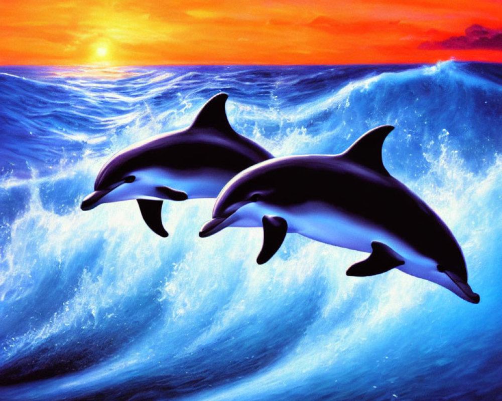 Dolphins leaping from ocean waves at sunset