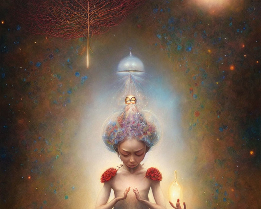 Surreal artwork of woman with jellyfish headdress in cosmic setting