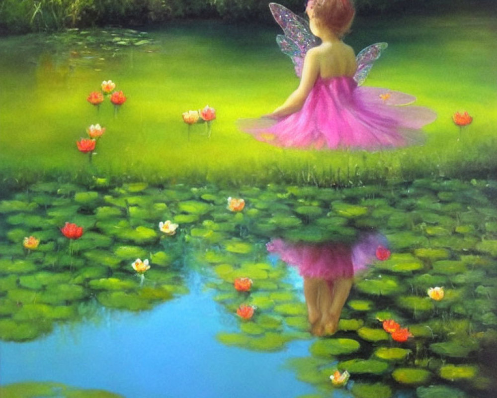 Iridescent fairy painting by pond with blooming flowers