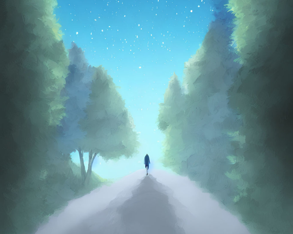 Solitary figure walking in misty forest under starry sky