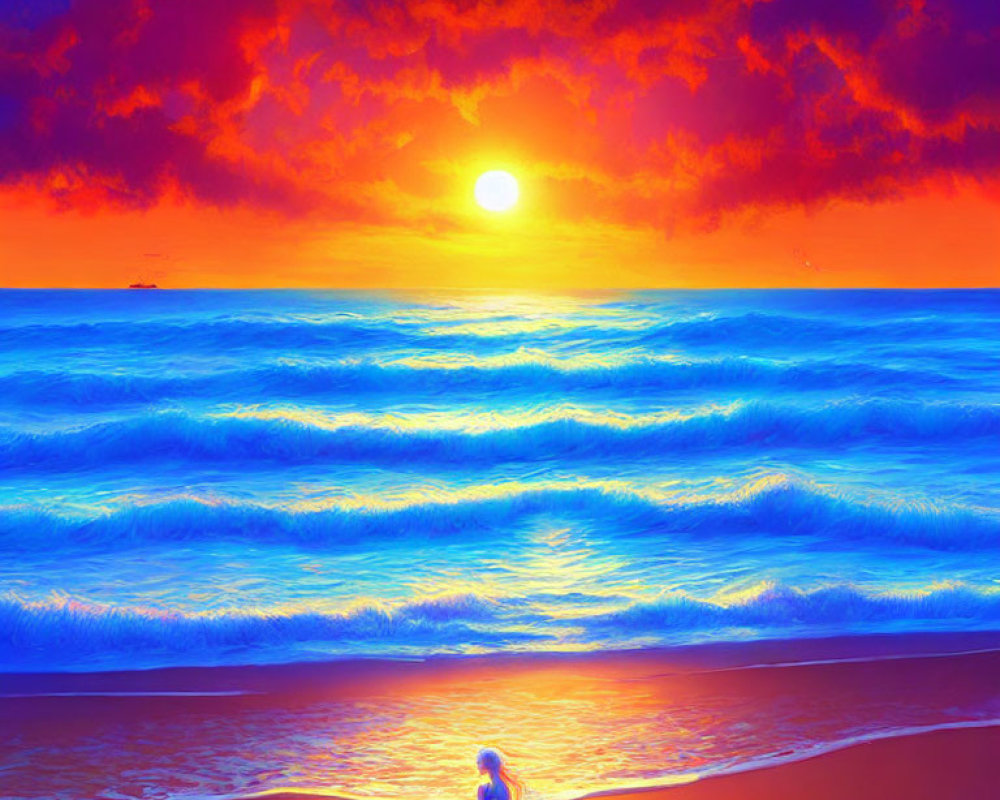 Scenic beach sunset with red clouds, child by shore, golden sun on blue waves