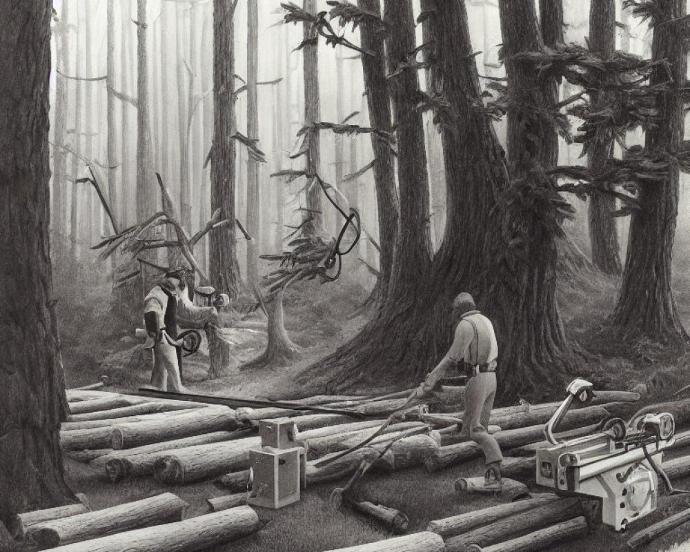 Two individuals using chainsaws in foggy forest cutting logs