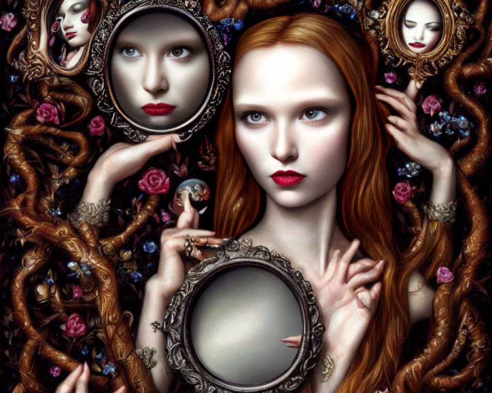 Surreal portrait of red-haired woman with roses and mirrors