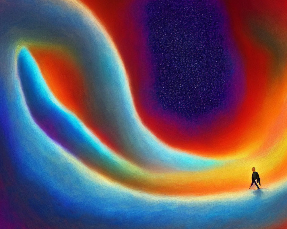 Vibrant cosmic swirl in red, orange, and blue with dark starry patch