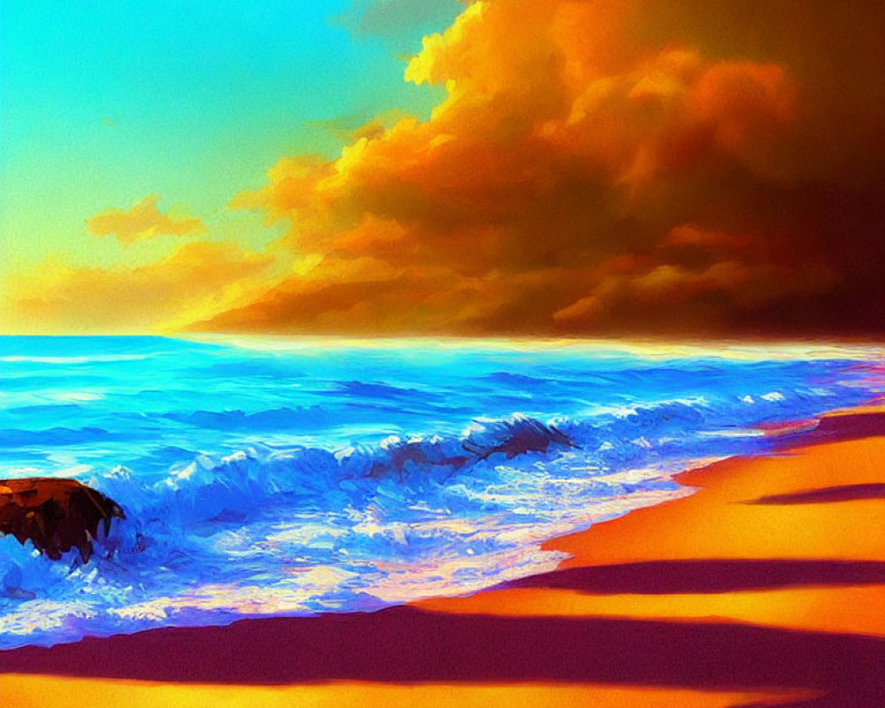 Digital painting: Beach scene at sunset with orange sand, blue waves, dark cloud, bright sun