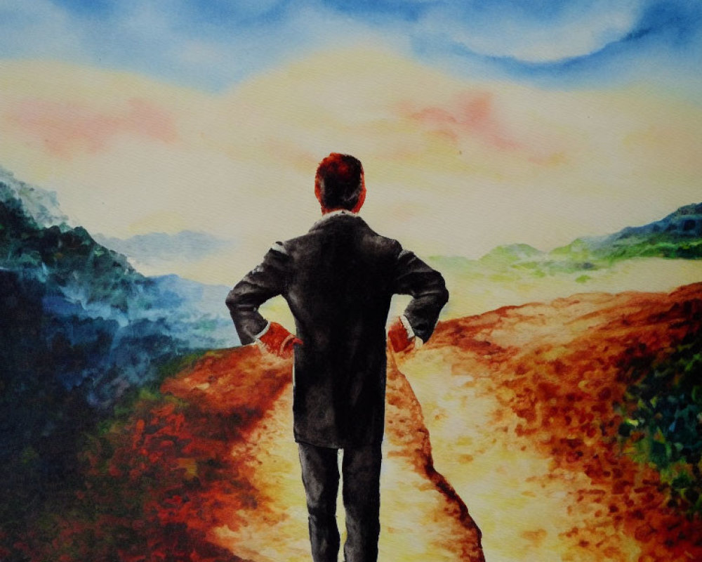 Person in suit on dirt path between mountains under vibrant sky