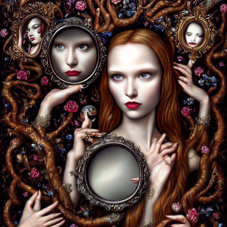 Surreal portrait of red-haired woman with roses and mirrors