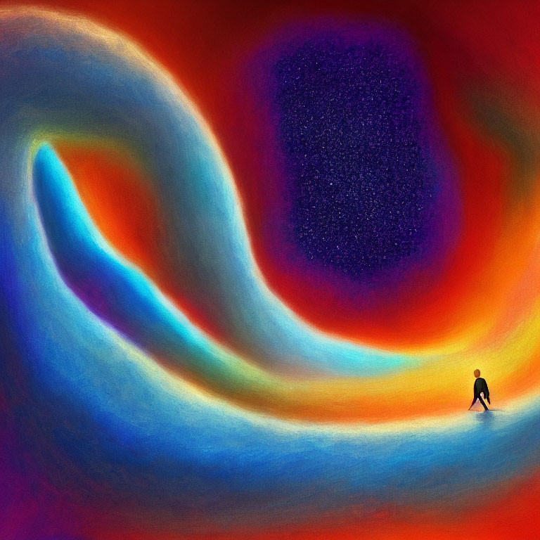 Vibrant cosmic swirl in red, orange, and blue with dark starry patch