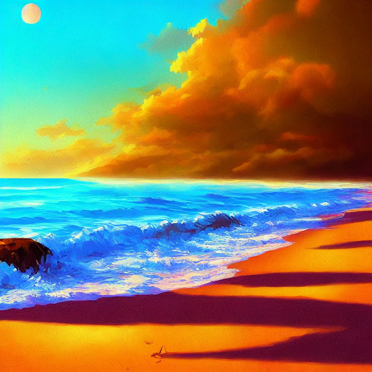 Digital painting: Beach scene at sunset with orange sand, blue waves, dark cloud, bright sun