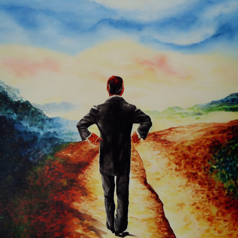 Person in suit on dirt path between mountains under vibrant sky