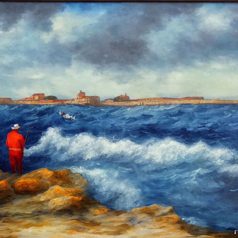 Figurative painting of person in red by choppy sea and cloudy sky