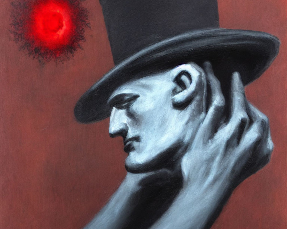 Stylized painting of man in profile with top hat and red orb on red backdrop