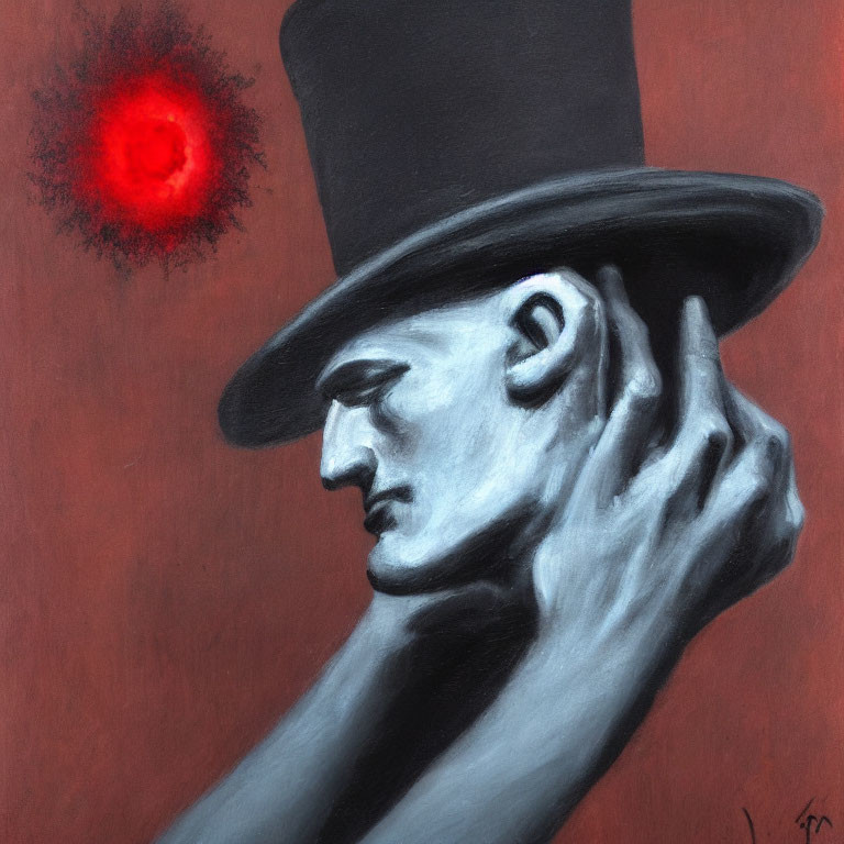 Stylized painting of man in profile with top hat and red orb on red backdrop