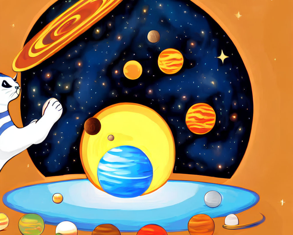 Cartoon polar bear with solar system and galaxies in cosmic backdrop