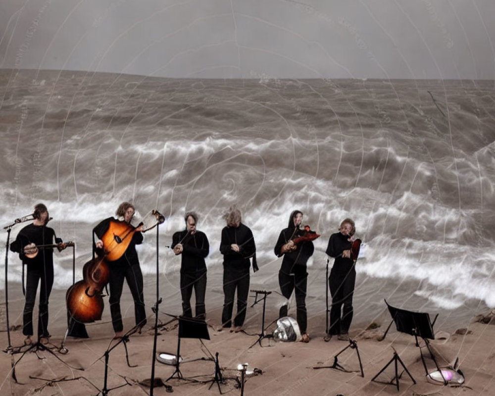 Ensemble of Musicians Performing with String and Wind Instruments on Beach