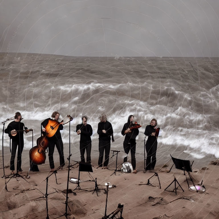 Ensemble of Musicians Performing with String and Wind Instruments on Beach