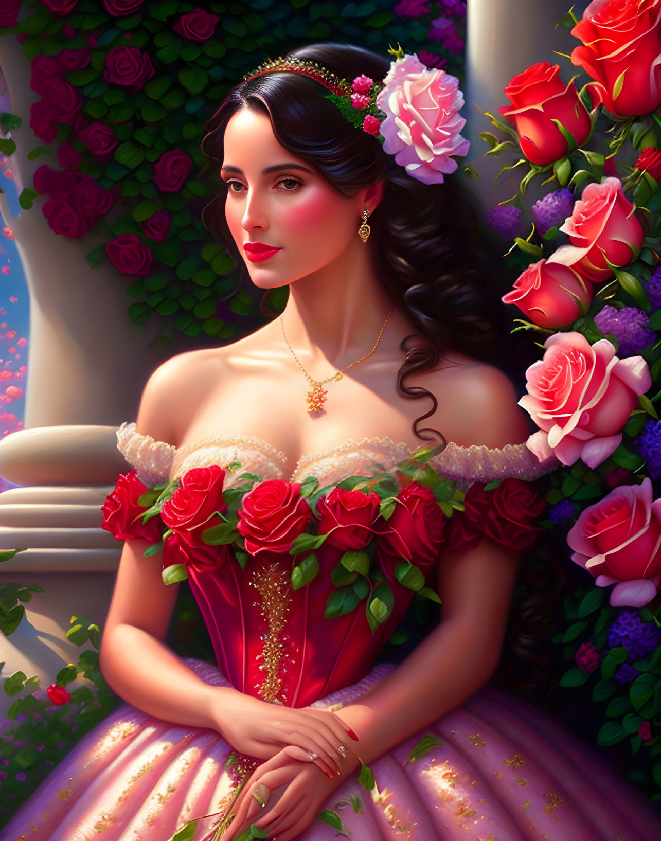 Woman in Red Off-Shoulder Gown Among Vibrant Roses