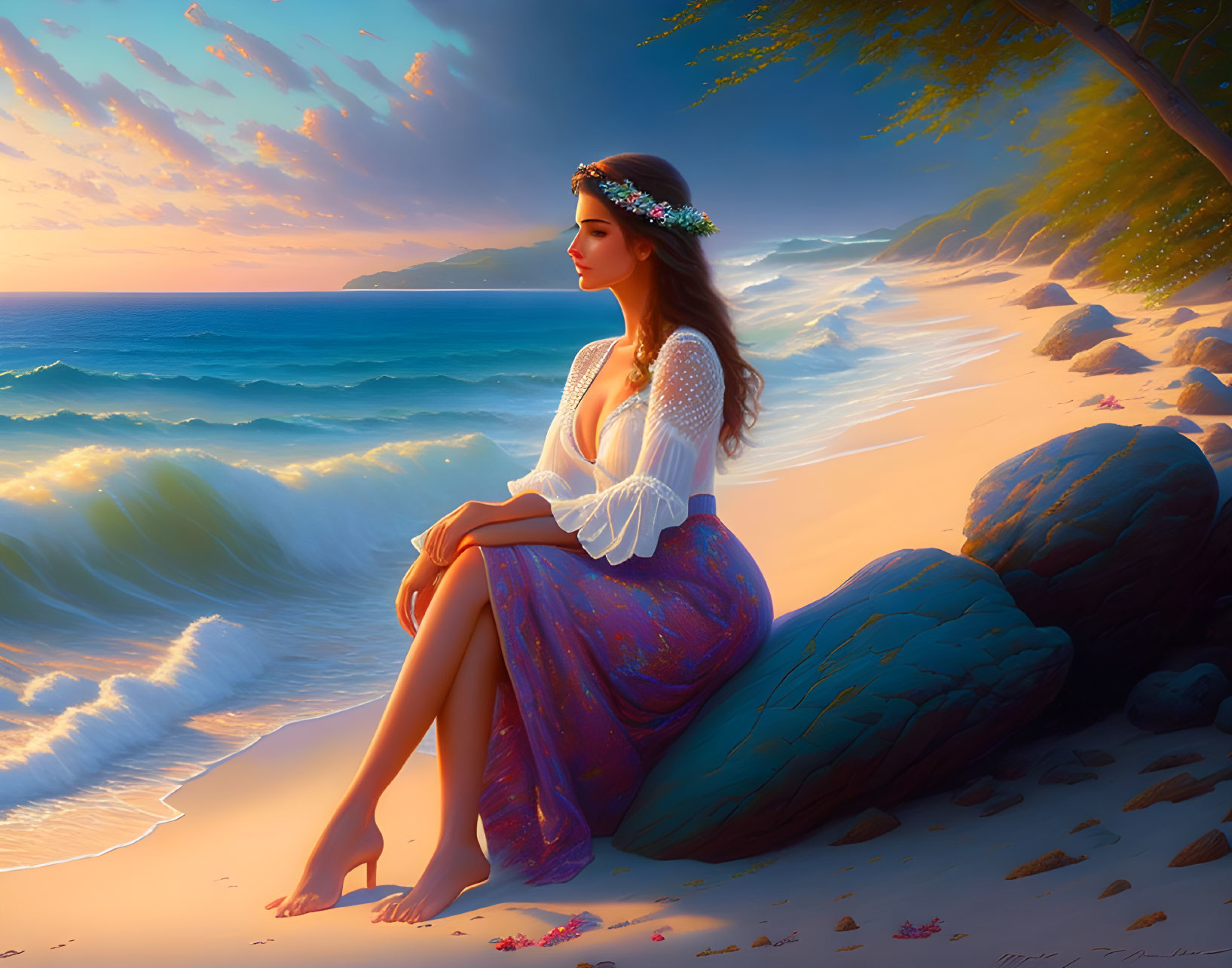 Woman in floral headband and flowing dress sitting by the sea at sunset