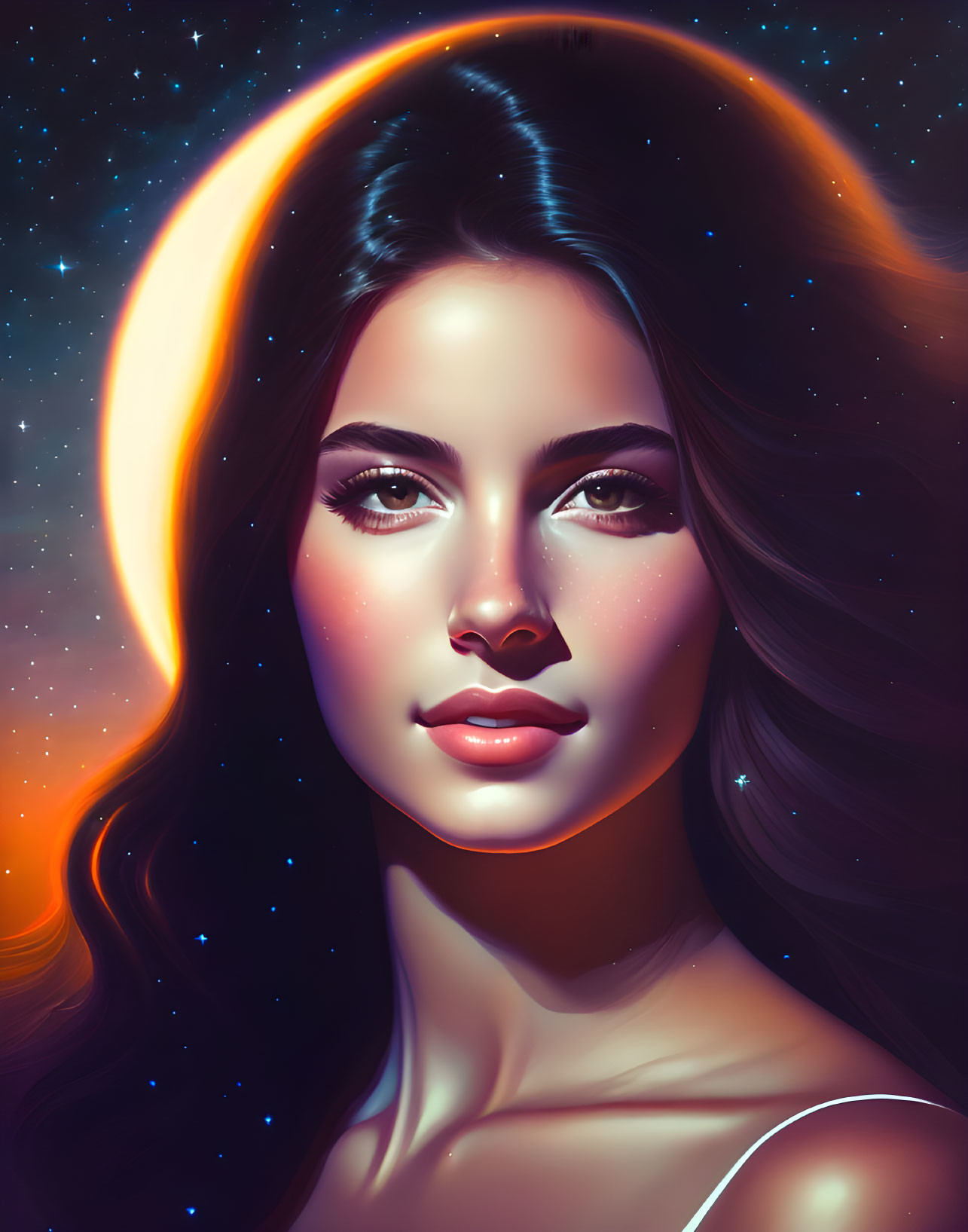 Illustrated portrait of woman with long hair and crescent moon halo.