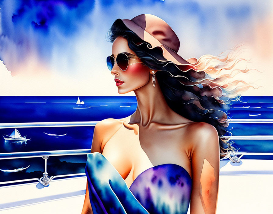 Stylish woman with sunglasses and hat by seaside with sailboats