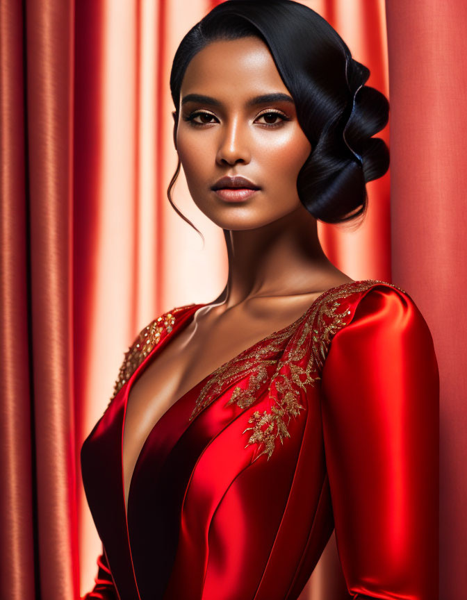 Elegant woman in red dress with golden embroidery on red backdrop