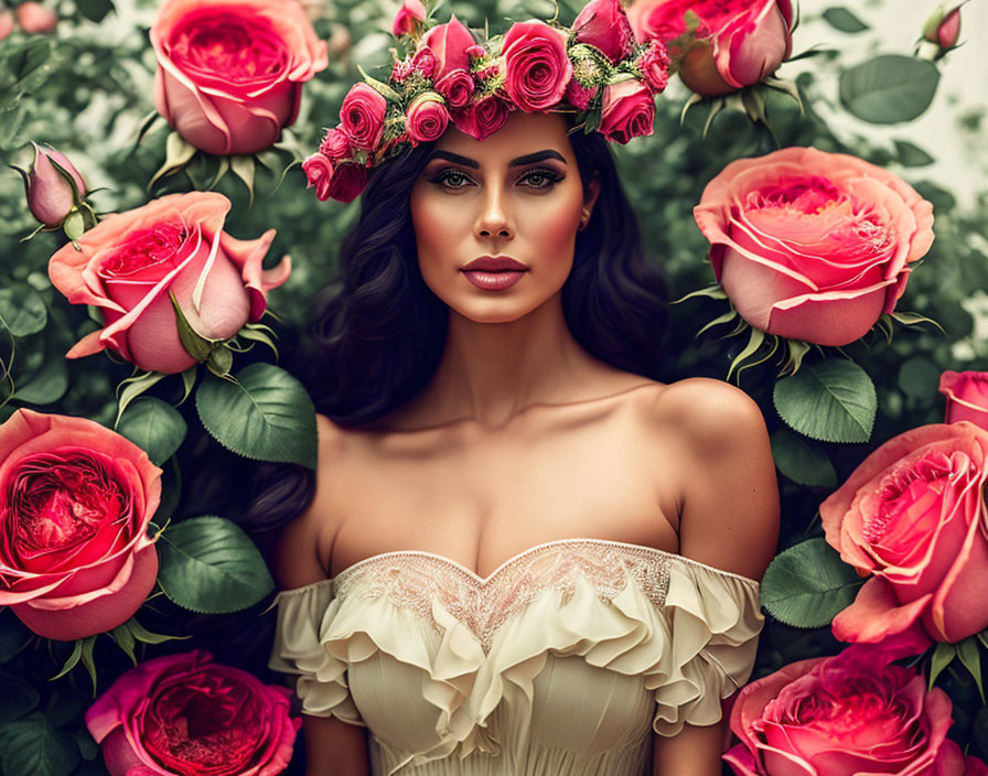 Woman with Pink Rose Floral Crown Surrounded by Lush Rose Bushes