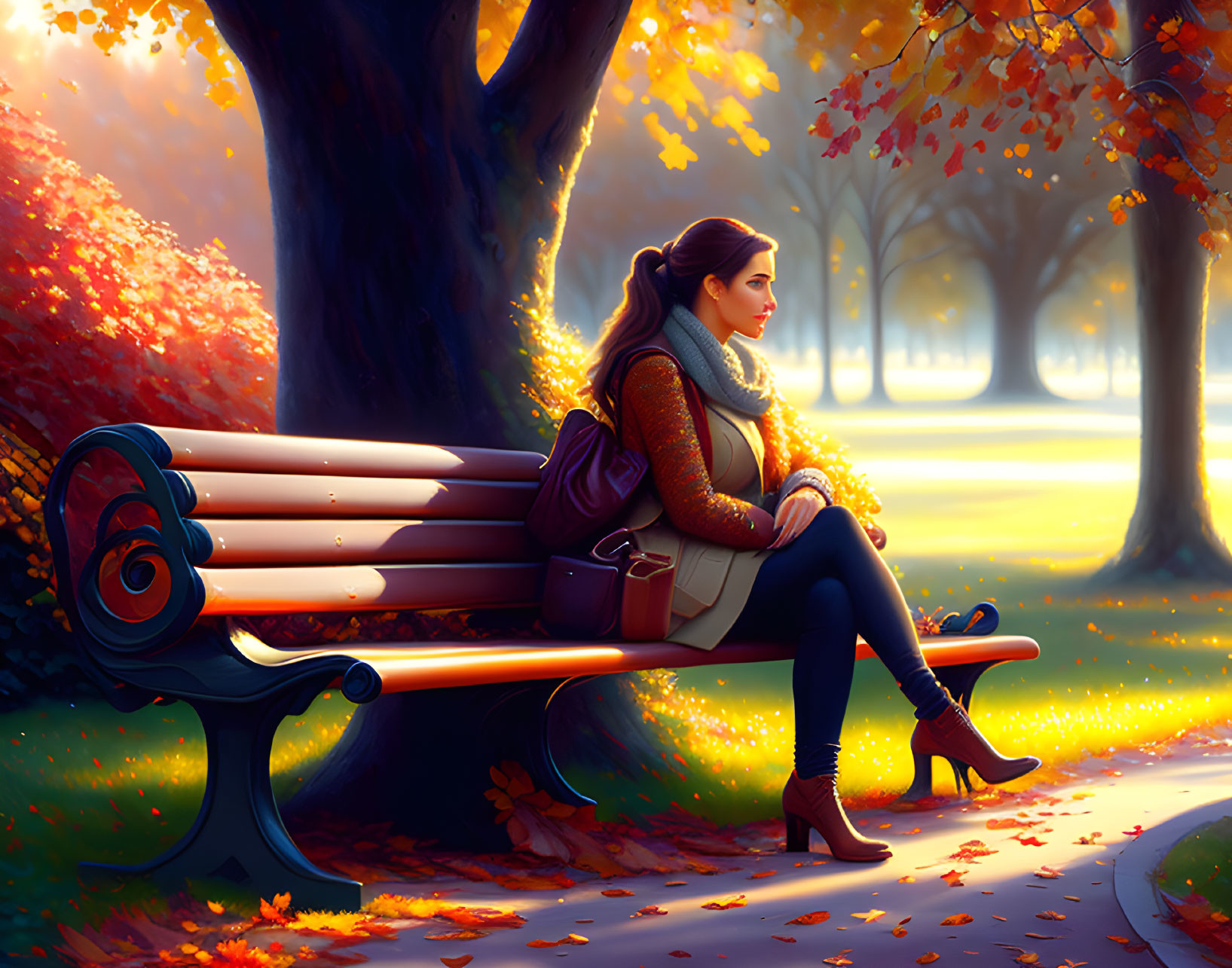 Woman sitting on park bench in vibrant autumn scene with golden leaves and warm sunlight.