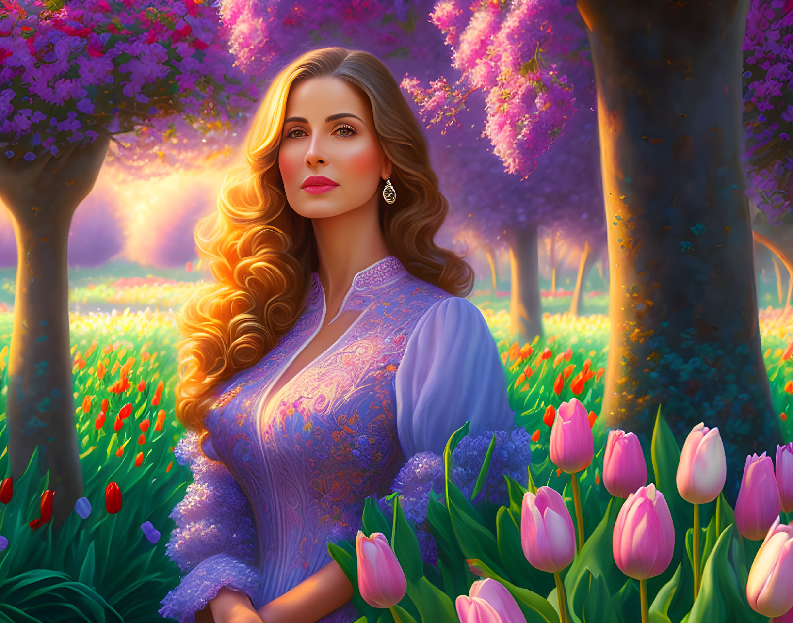 Woman with long hair in vibrant garden with tulips and purple blossoms